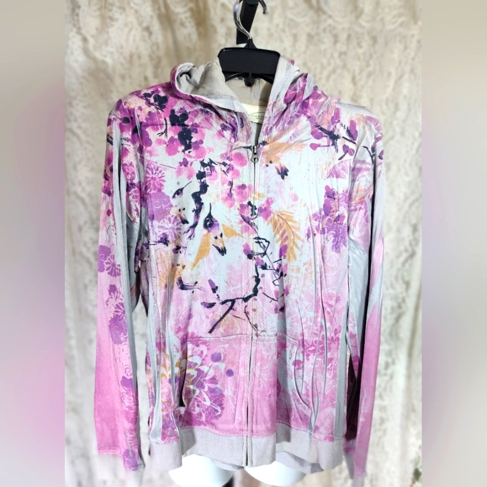 Studio Works Floral Zip-Up Hoodie in Purple Pink and Gray NWOT